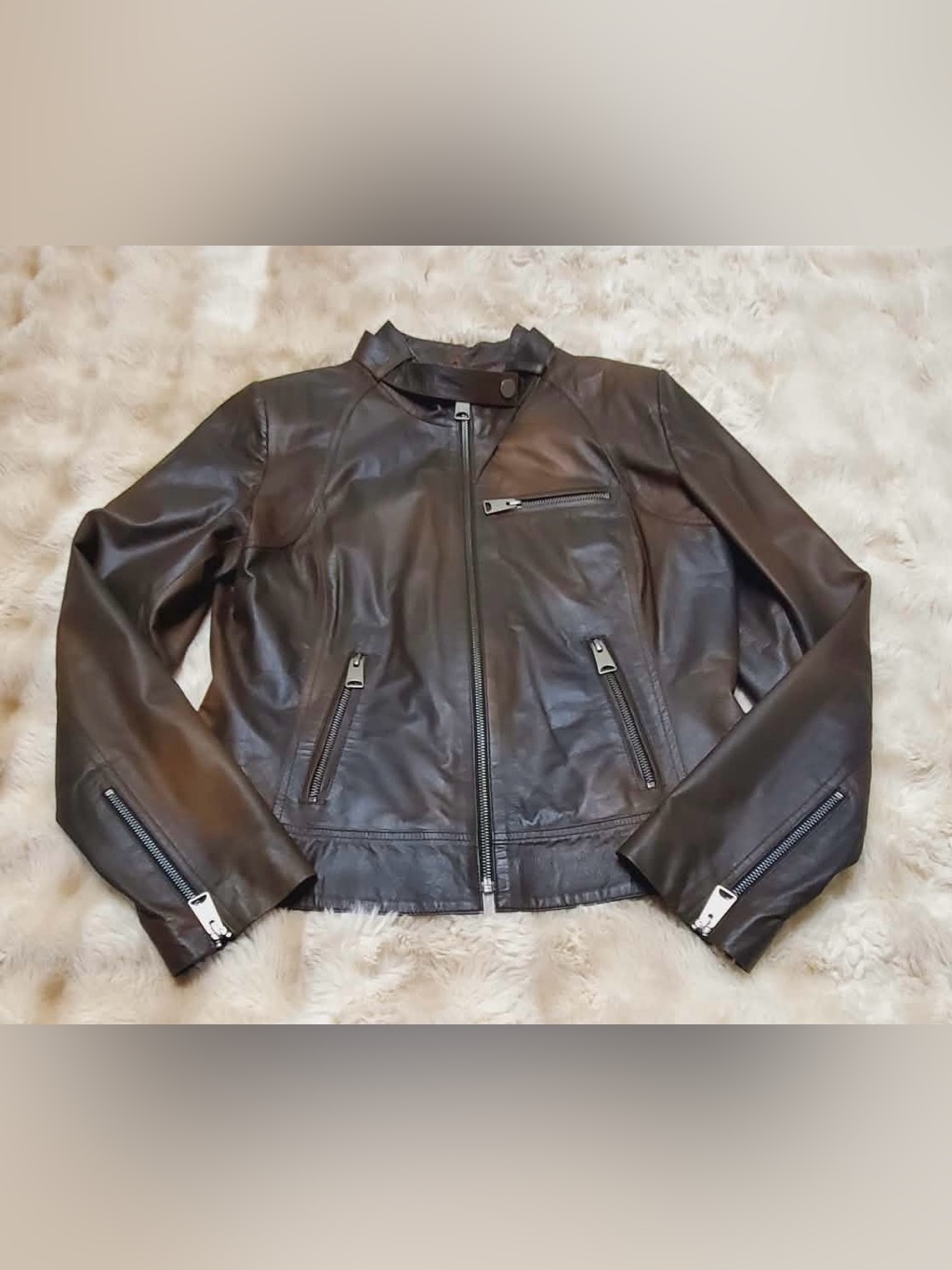Classic Brown Genuine Real Lamskin Leather Moto Jacket